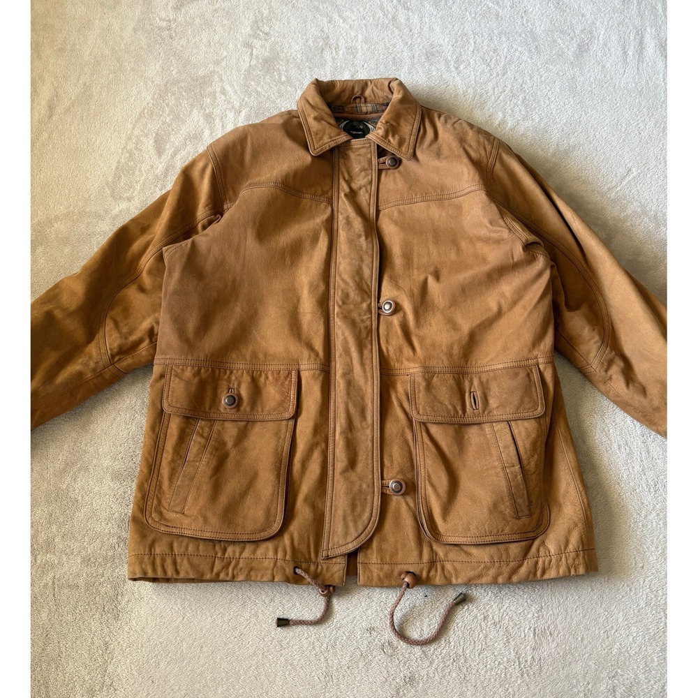 VTG G-III Mens Size Med Leather Jacket Barn Coat Plaid Lined Button Up Tan Brown
